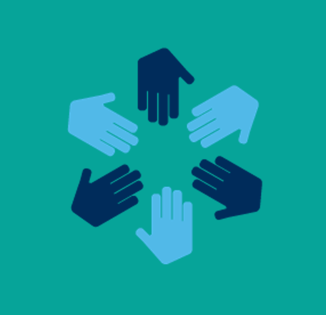 Six blue hands in a circle. Green background.