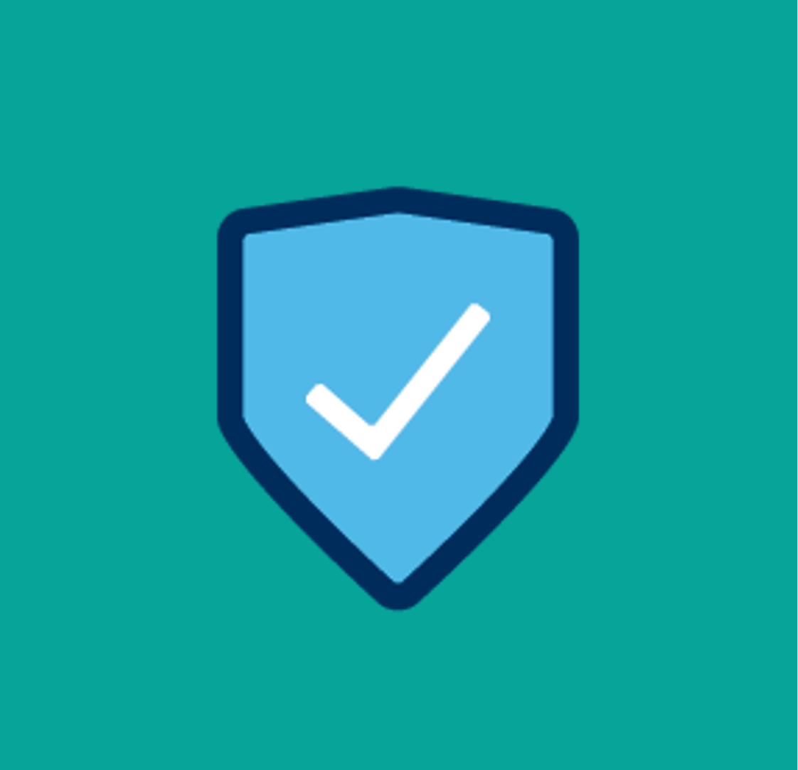 White checkmark icon inside blue badge. Green background.