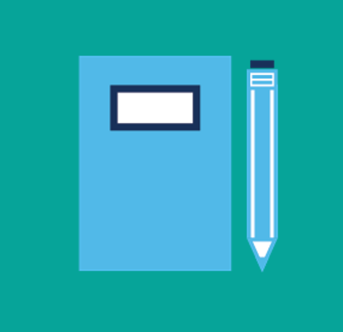 Notepad and pencil icon. Green background.